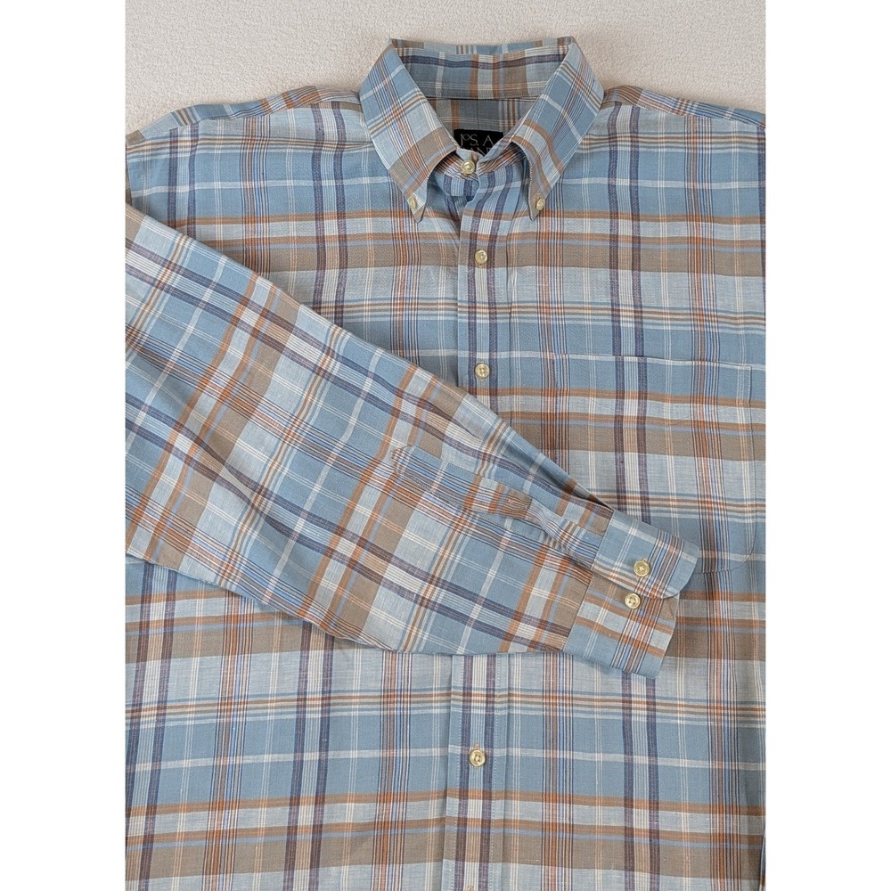 Jos. A. Bank Traveler's Collection Mens Large 100% Linen Plaid Shirt Blue Brown - Picture 4 of 9
